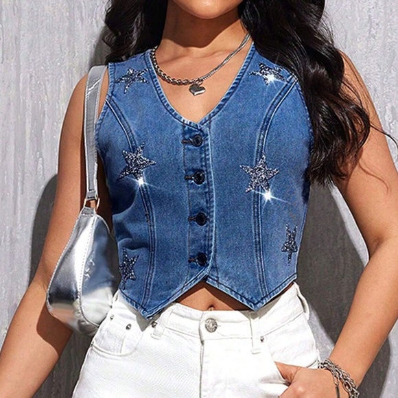 Glitter Star Button Down Denim Jean Western Vest - Picture 2 of 12